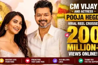 CM Vijay and actress Pooja Hegde smiling together during a public event as their viral social media reel crosses 200 million views online.