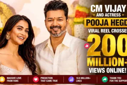 CM Vijay and actress Pooja Hegde smiling together during a public event as their viral social media reel crosses 200 million views online.